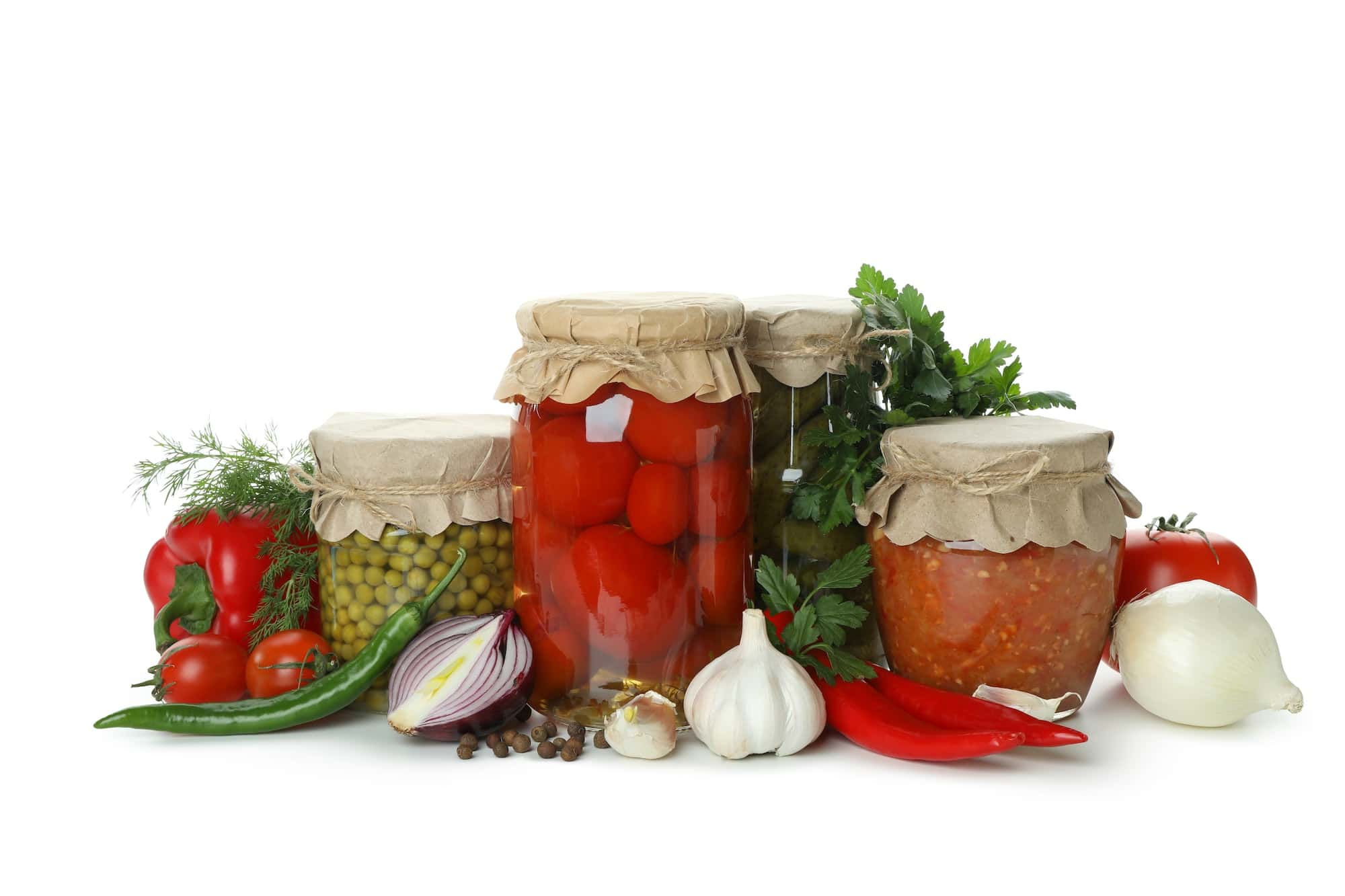 Jars with different canned food isolated on white background